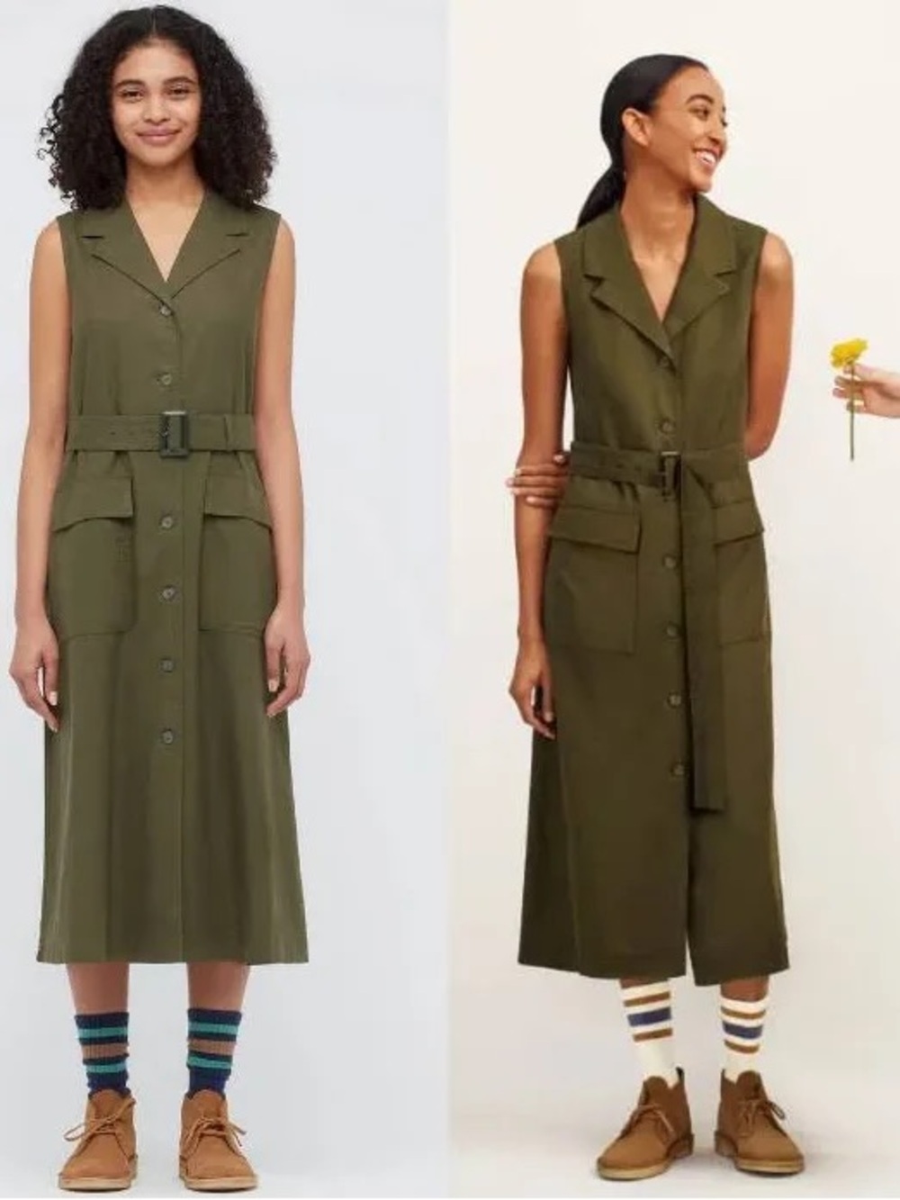 🌿 LINEN Uniqlo x JW Anderson Olive Green Belted Cargo Midi Dress XS